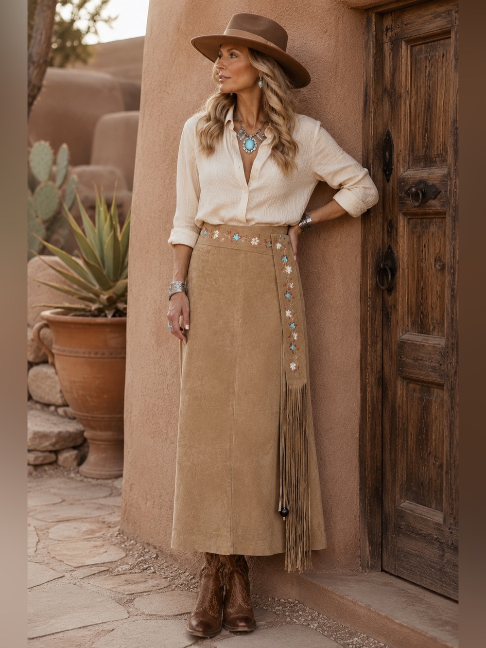 āY2K Le ChĆ¢teau Genuine Suede Maxi Skirt Embroidered Fringe Belt 9/10ā